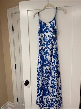Blue and White Floral Maxi Slip Dress with Spaghetti Straps